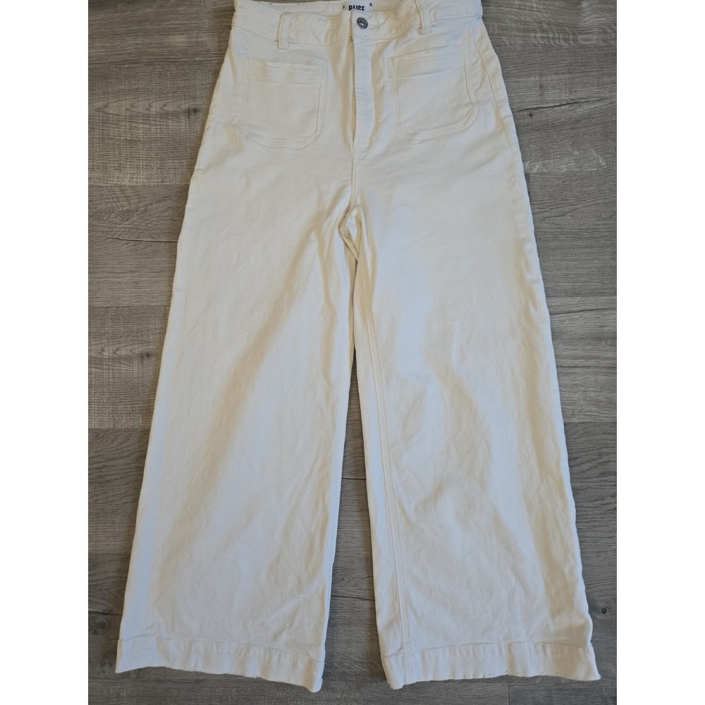 Paige Harper High Waist Wide Flared Leg Ankle Vintage Distressed White Jeans 29
